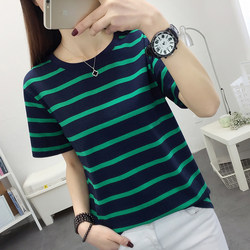 Summer plus size women's loose tummy-covering short-sleeved T-shirt women's pure cotton half-sleeved T-shirt mom striped top clothes