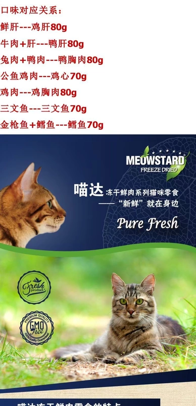 Meowda Thịt tươi Đồ ăn khô đông lạnh Pet Cat Thịt khô Phần thưởng Đồ ăn nhẹ Răng hàm răng Cá hồi đông khô 7 Tùy chọn - Đồ ăn nhẹ cho mèo