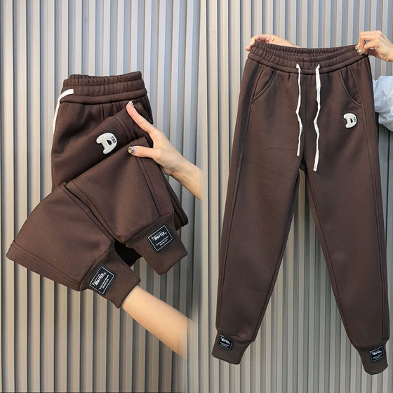 
European autumn and winter new style plush thickened hoodies for women with versatile feet tied casual pants elastic waist harem pants simple small feet