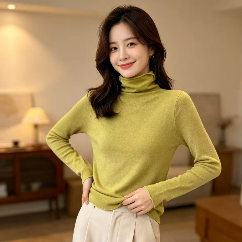 Mustard Green Autumn and Winter Thin Knit Sweater for Women, Long-Sleeve Versatile High-Neck Light Green Sweater Top Mustard Green Autumn and Winter Thin Knit Sweater for Women, Long-Sleeve Versatile High-Neck Light Green Sweater Top