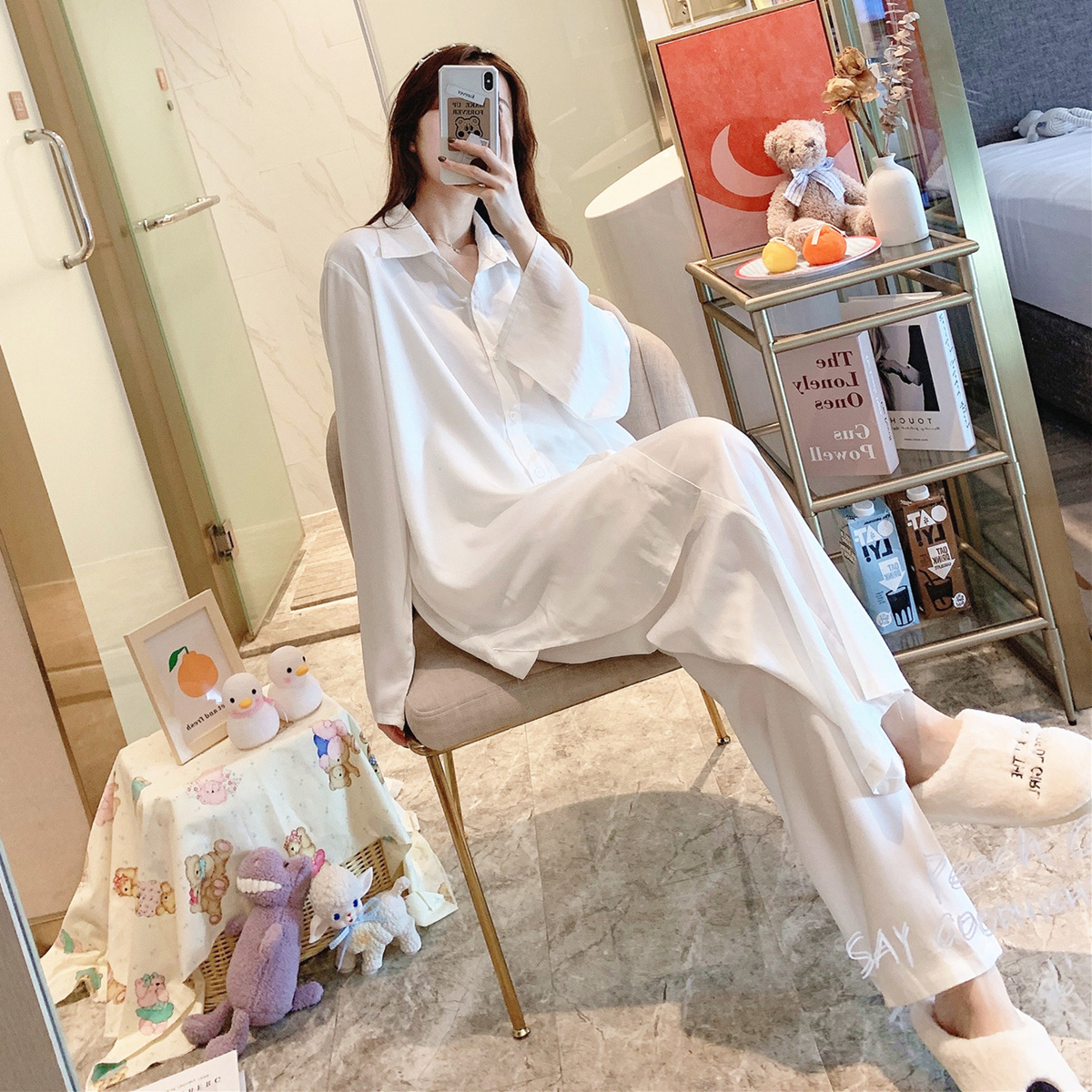 Large size loose ice silk long sleeve cardiovert sleepwear woman 2022 new Korean version Sexitability can be worn outside wearing home two sets