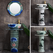 Chinese Lotus vertical column washbasin outdoor retro courtyard art wash basin floor type integrated ceramic pool