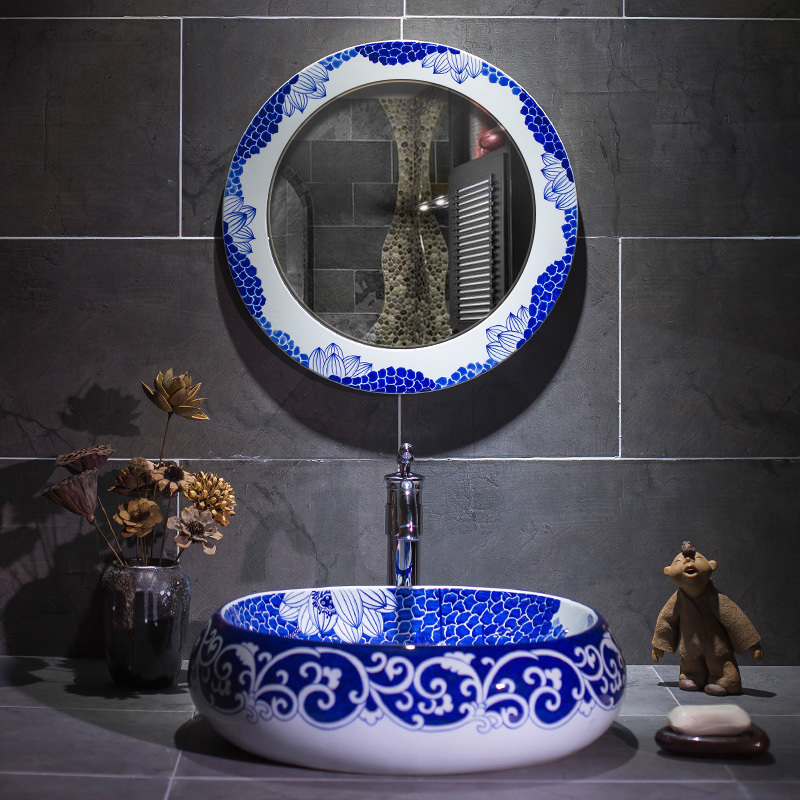 Jingdezhen Chinese art basin blue and white porcelain table basin round balcony ceramic wash basin bathroom wash basin