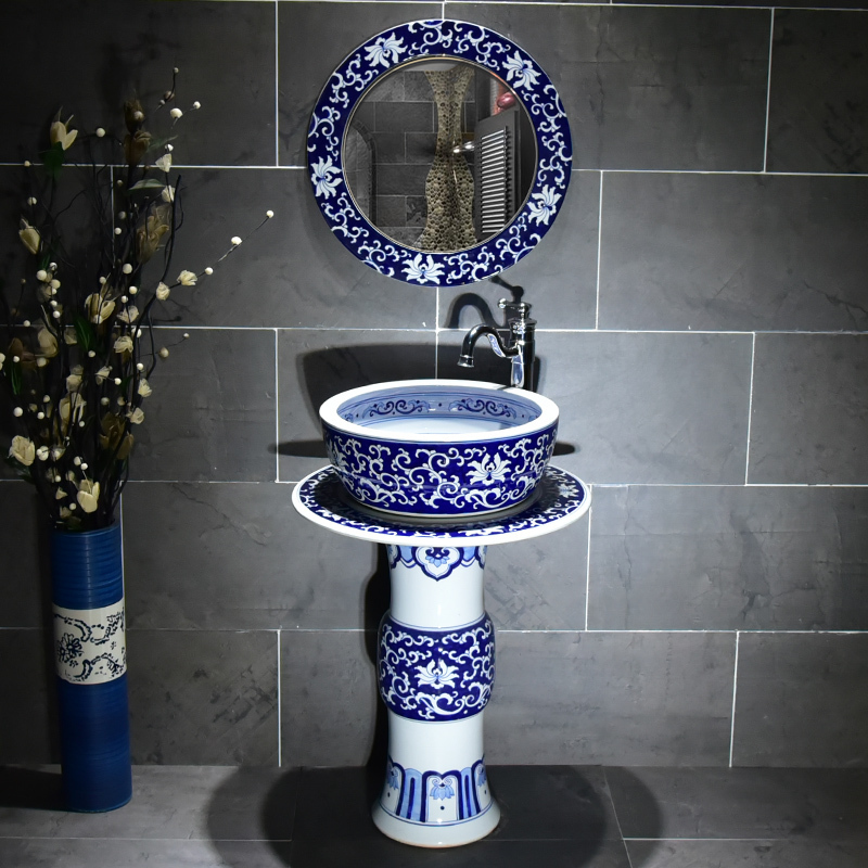 Jingdezhen Qinghua Hand Painted Washbasin Ceramic Floor Style Makeup Room Upright Post Basin Washbasin Balcony Handwashing Pool