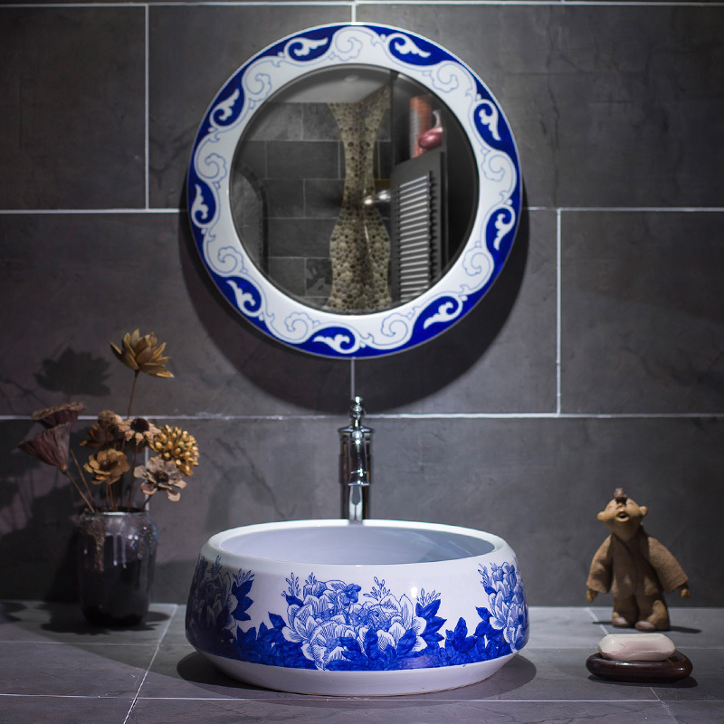 Chinese blue and white porcelain countertop washbasin round household antique Chinese landscape Dezhen ceramic art washbasin