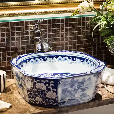 Ceramic washbasin on stage ceramic washbasin blue and white art Basin