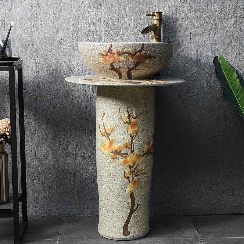 Balcony column washbasin Outdoor integrated lotus washbasin Retro courtyard bathroom Ceramic outdoor pool