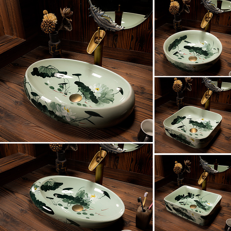 Terrace Basin Art Washbasin New Chinese Retro Wash Washbasin Ceramic Oval Face Basin Home Green Lotus Flowers