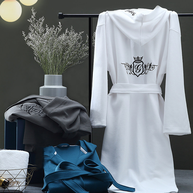 Japanese nightgown men's and women's spring and autumn models sexy and comfortable cotton bathrobes Large size couple models hooded pajamas long-sleeved thin models