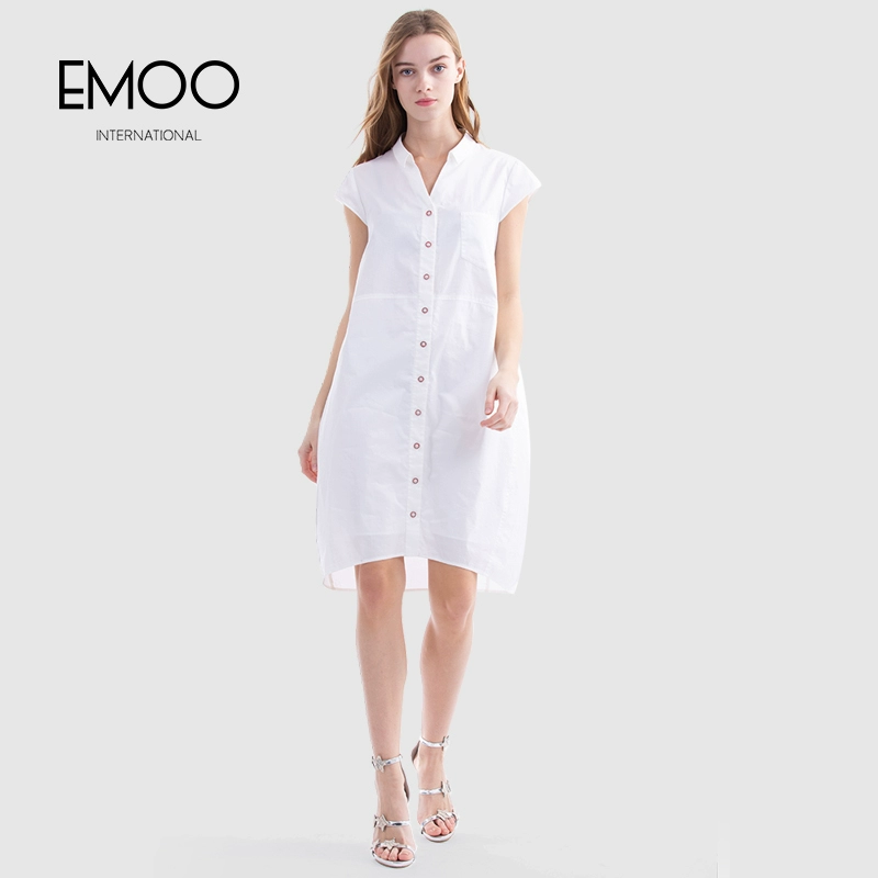 EMOO Dương Môn trắng mùa hè thanh niên mới áo sơ mi cotton của phụ nữ cổ V khí chất váy đơn giản nữ - Sản phẩm HOT