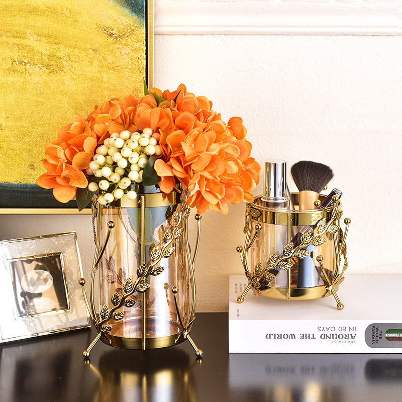 欧式现代金色缠枝金属花瓶客厅北欧轻奢餐桌花器酒柜装饰玻璃摆件