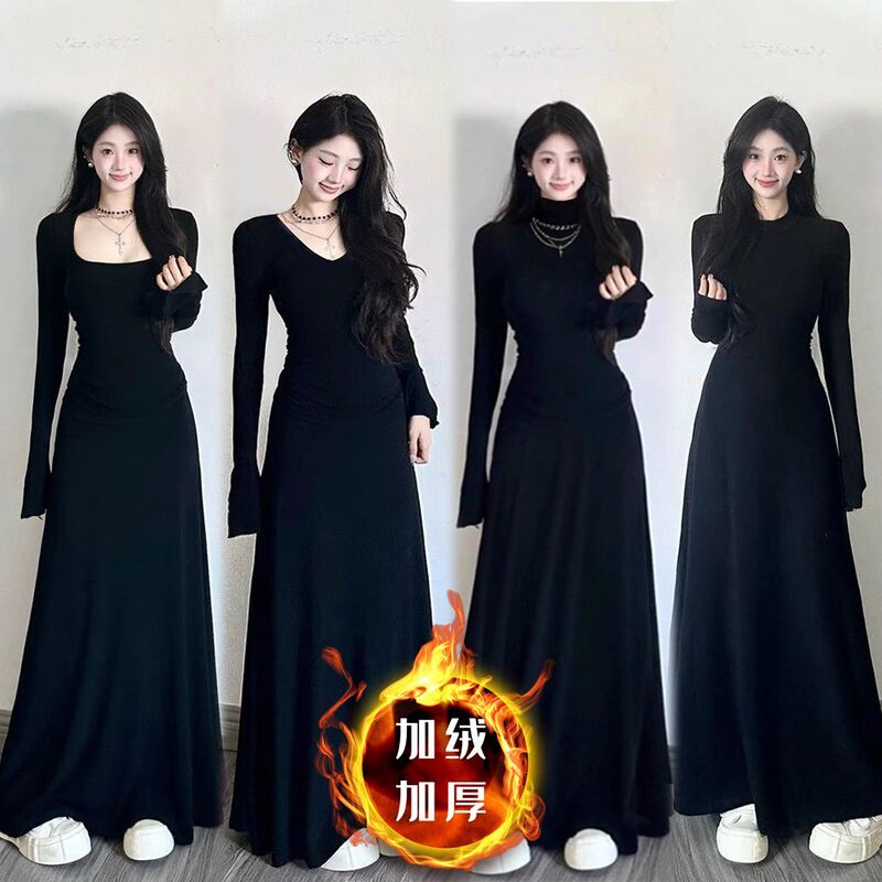 [Cotton with Fleece Lining, Thickened] 2025 Autumn/Winter Slim-Fit Long Dress for Women, Waist-Cinching, Slimming, Black, Elegant Long Dress