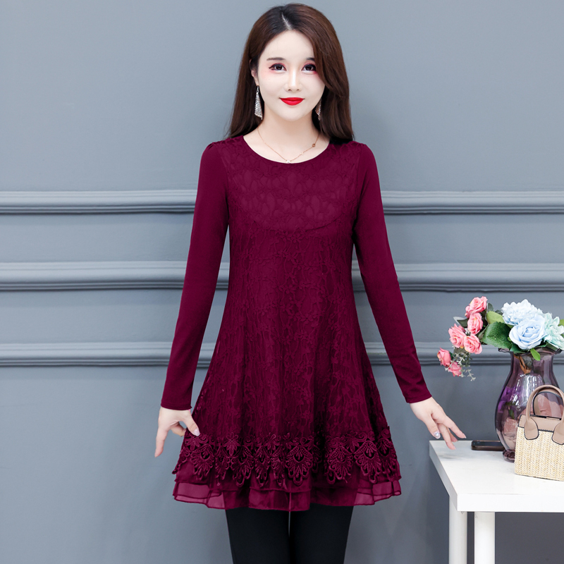Loose Lace Blouse That Covers the Belly, 2026 Spring and Autumn New Style, Plus Size Women's Clothing, Mid-Length Lace Stylish Base Shirt
