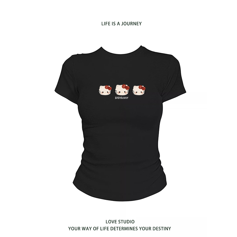 Rosepuppy American Retro Cartoon Cat Print Pure Cotton Right Shoulder Women's Summer New Tight-Fitting Millennial Style T-Shirt