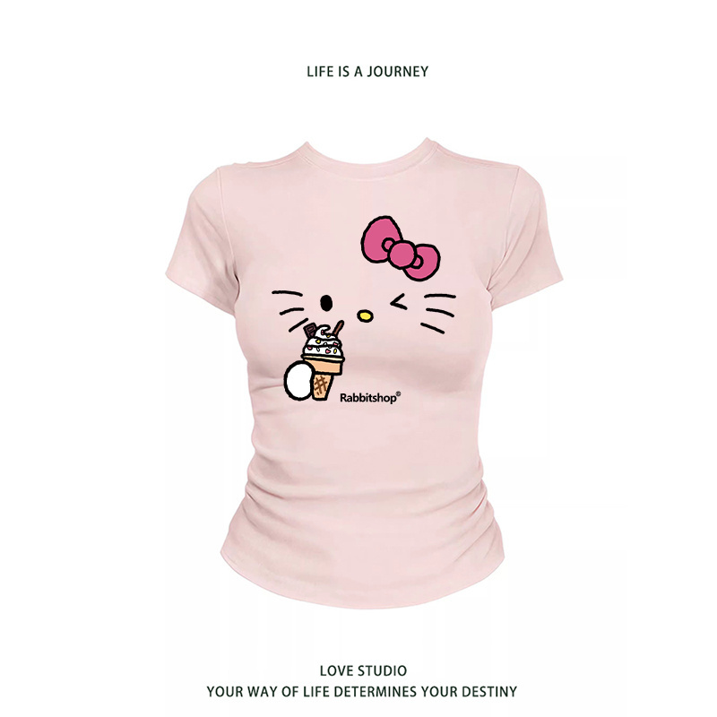 Rosepuppy Sweet Hand-Painted Cat Print Shoulder-Length Short-Sleeved Top for Women in Summer, Sweet and Spicy, Cute and Girly T-Shirt