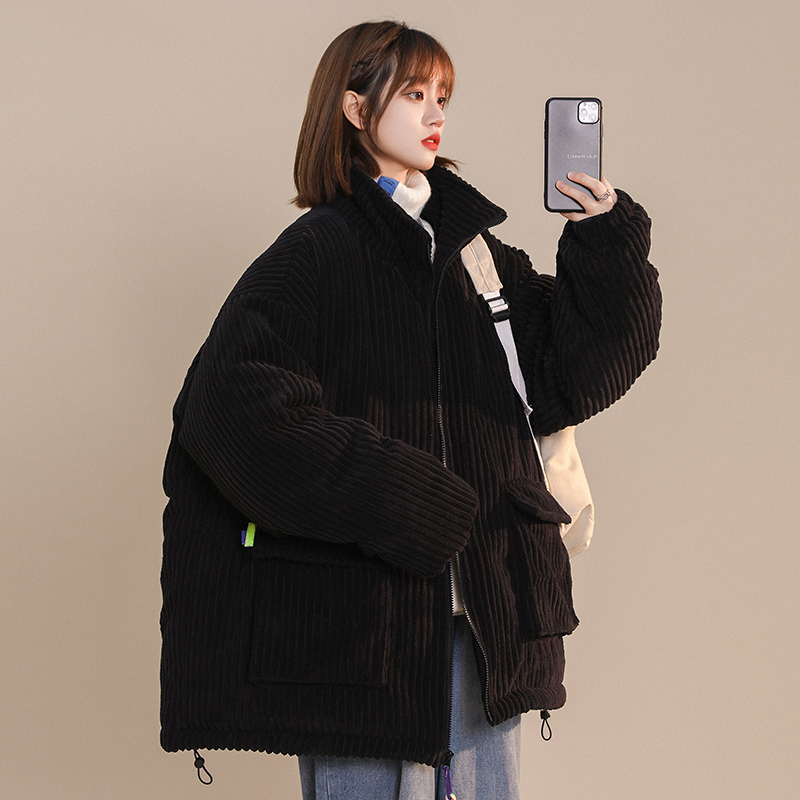 Black Corduroy down Cotton Jacket for Women, New Winter American-Style Trendy Brand Student Retro High Street Cotton Coat