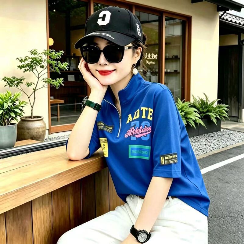 European Style Loose Stand-Up Collar Half-Zip Printed Mid-Sleeve T-Shirt for Women, New Summer Style, Age-Reducing, Fashionable and Casual Half-Sleeve Top European Style Loose Stand-Up Collar Half-Zip Printed Mid-Sleeve T-Shirt for Women, New Summer Style, Age-Reducing, Fashionable and Casual Half-Sleeve Top