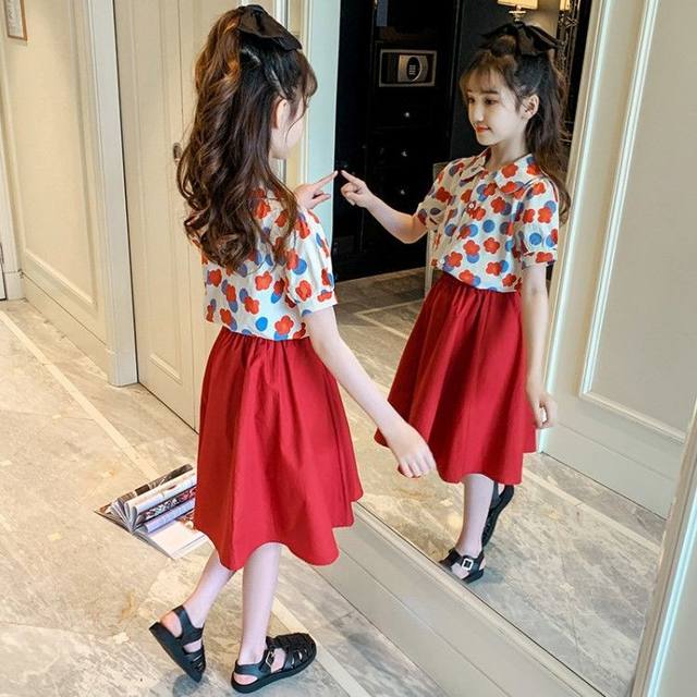 Girls net red suit summer foreign style Korean version fresh girl floral short-sleeved shirt fashionable children's two-piece skirt