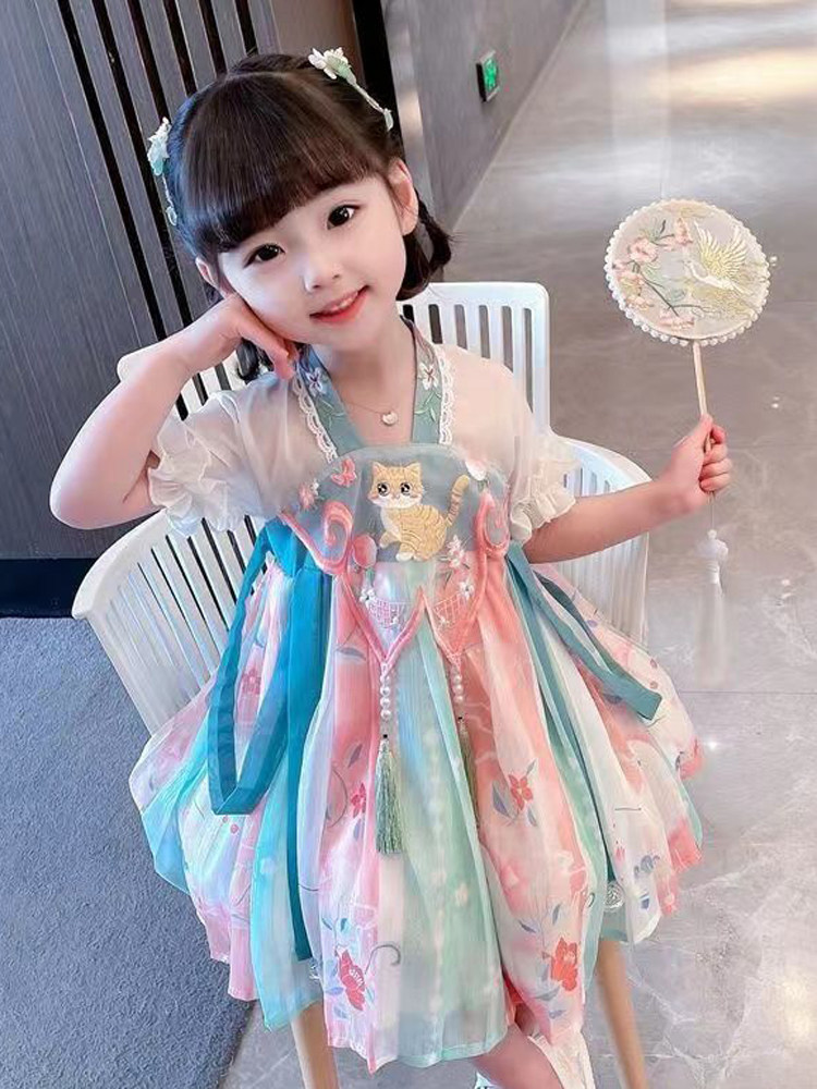 китайский костюм 女童连衣裙中国风女孩旗袍2025新款夏装儿童汉服演出服宝宝公主裙 OTHER