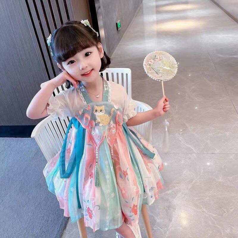 китайский костюм 女童连衣裙中国风女孩旗袍2025新款夏装儿童汉服演出服宝宝公主裙 OTHER