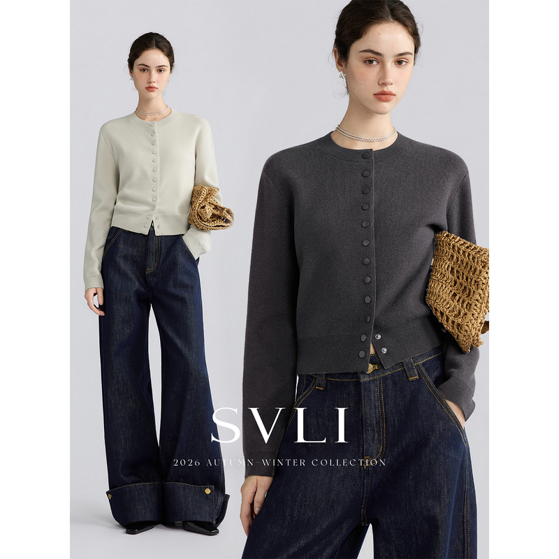 Svli|''Dots and Dots'' Low-Saturation 100% Wool Versatile Structured Matte Four-Button Round-Neck Cardigan Svli|''Dots and Dots'' Low-Saturation 100% Wool Versatile Structured Matte Four-Button Round-Neck Cardigan