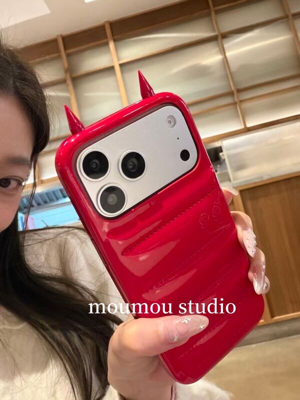High-End Red Leather Devil down Jacket Phone Case for iPhone 17 Pro Max, Suitable for Girls Aged 15-16