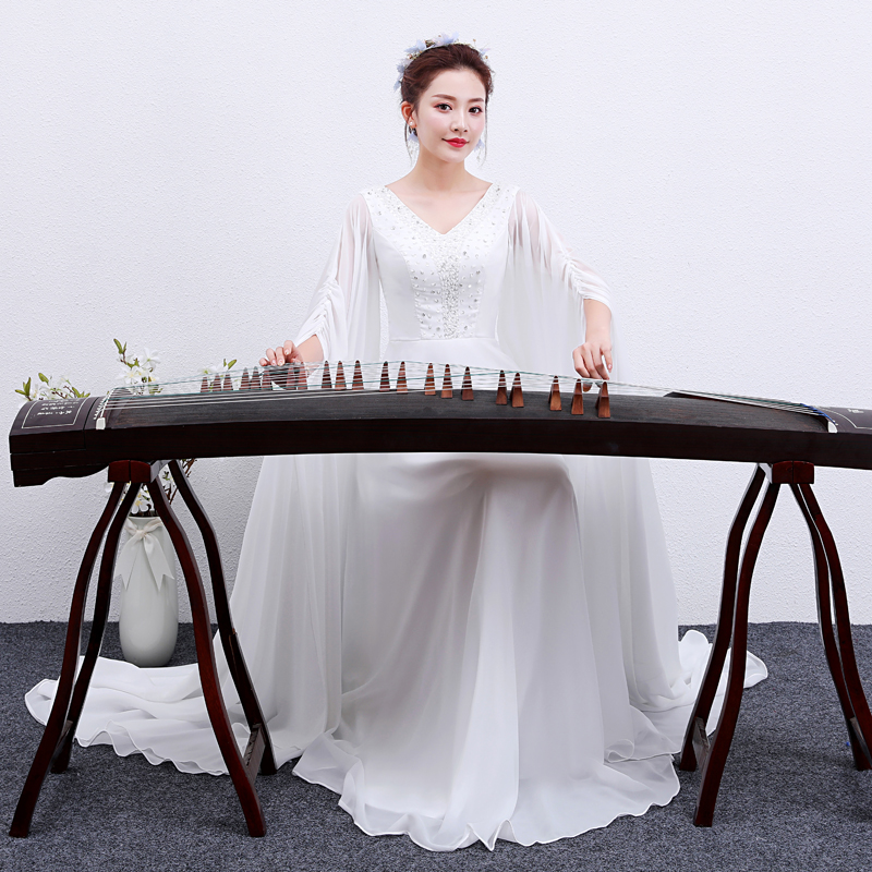New 2019 pure white long version of guzheng performed with elegant and thin sensual temperament water cuff gown art performance woman