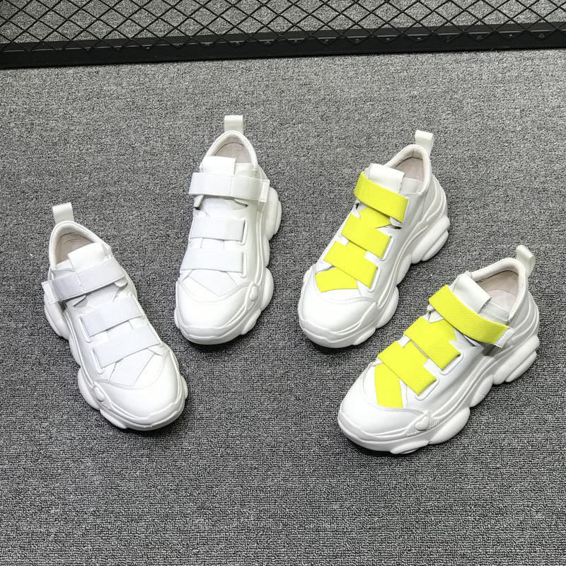 European station 2019 spring new leather thick-soled daddy shoes women's platform sneakers Velcro all-match casual shoes