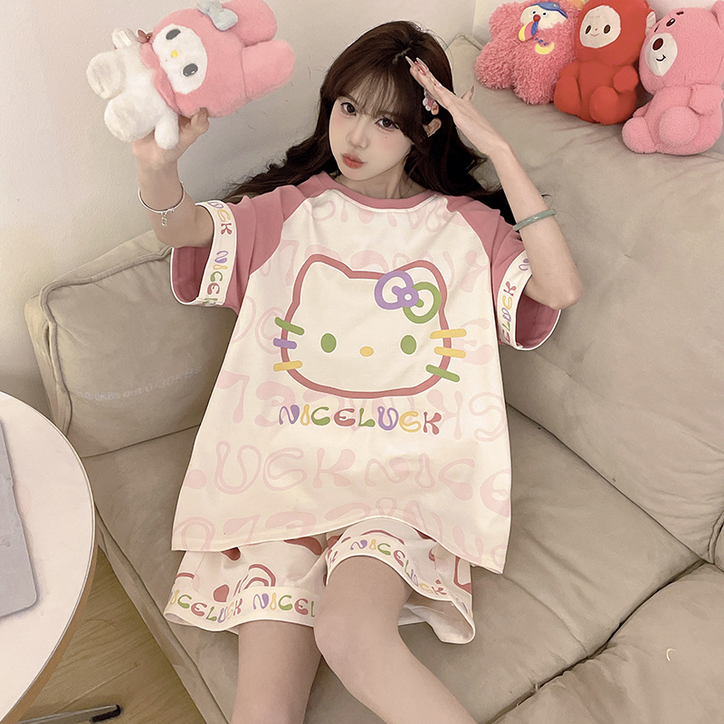 Cartoon Pajamas for Women, Summer Pure Cotton Short-Sleeved Suit, Large Size, Thin Style for Fat Girls, Cute Home Clothes for Junior High School Students