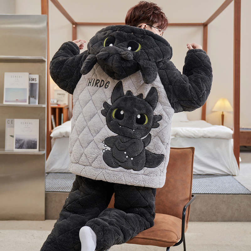 Coral Velvet Pajamas for Men, Winter Thickened and Fleece-Lined, Three-Layer Quilted, Men's Youth Junior High School Student Big Kids Set