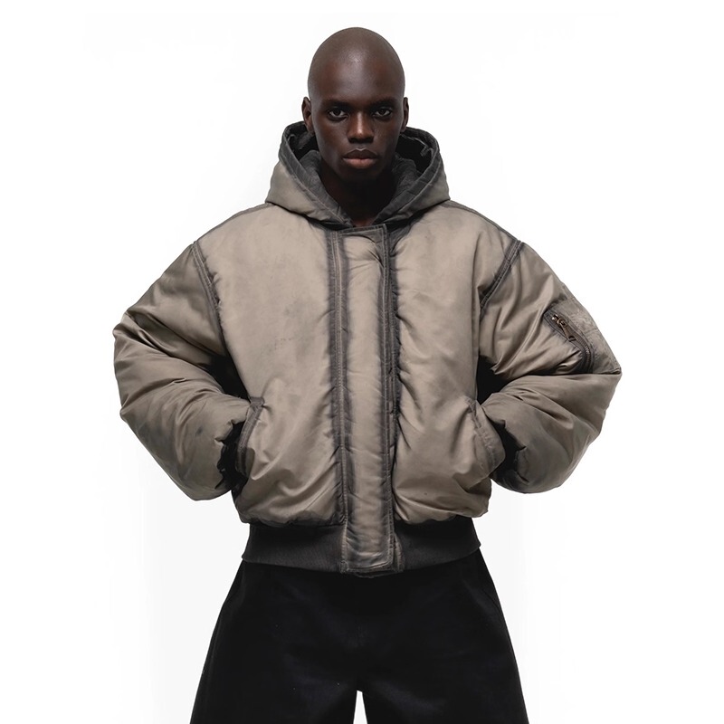 No Faith Studios Heavy-Duty Washed Mud-Dyed Distressed Bomber Cotton Jacket Reversible Hooded Oversized Jacket No Faith Studios Heavy-Duty Washed Mud-Dyed Distressed Bomber Cotton Jacket Reversible Hooded Oversized Jacket