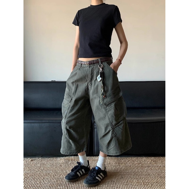 Lifeasam American Retro Multi-Pocket Cargo Pants Casual Pants Unisex Loose Cropped Pants Wide-Leg Shorts Trendy