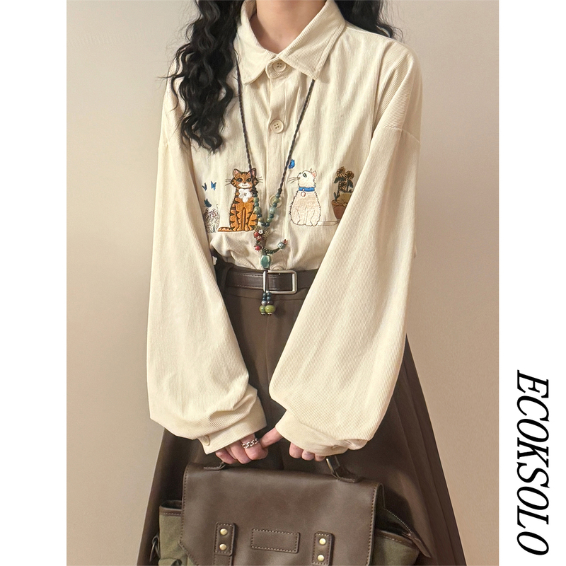 Japanese Retro Fun and Cute Cat Embroidered Long-Sleeved Shirt for Men and Women, Spring and Autumn, Lazy, Artistic, Casual, Loose Shirt