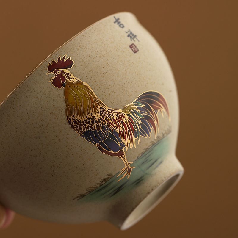 999 sterling silver teacup Master Cup Single Cup Rooster tea cup inlaid silver tea cup kung fu tea bowl pure handmade gilt cup