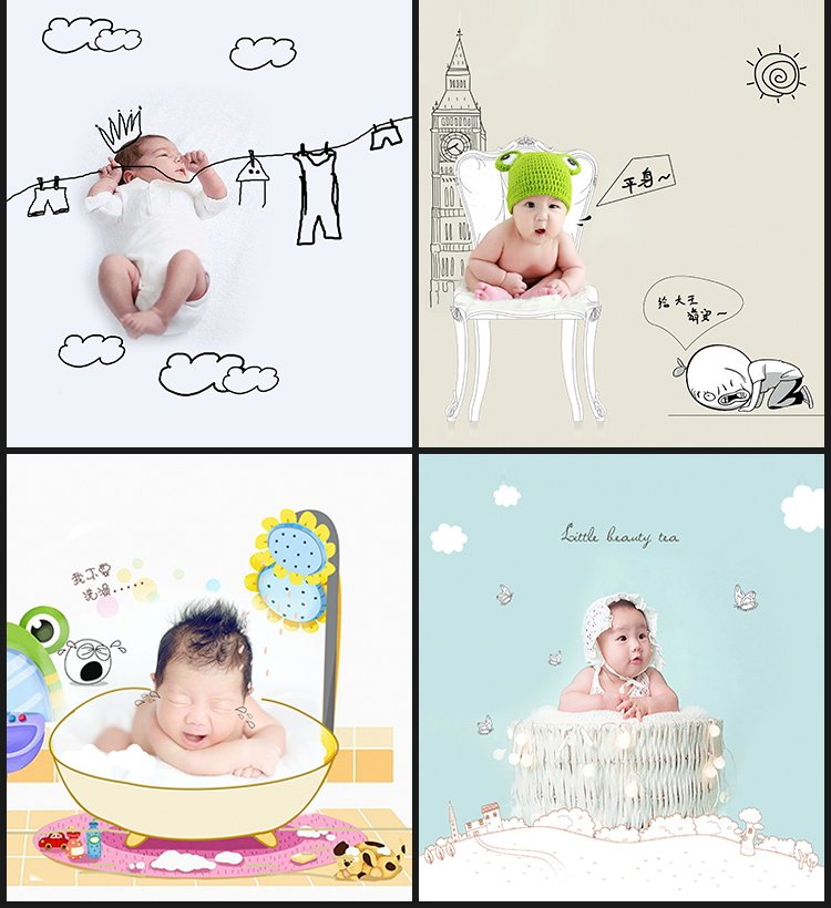 PS模板-88P影楼新创意儿童宝宝婴儿照片PSD手绘插画线条设计素材ps模板插图13小新卖蜡笔