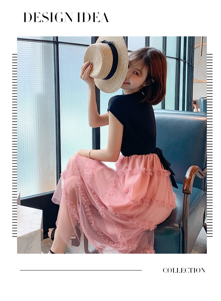 VK旗艦店 韓系時尚拼接網紗荷葉邊收腰顯瘦短袖洋裝