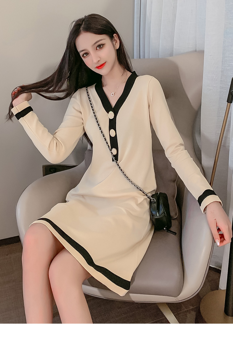 VK旗艦店 韓國風V領針織拚色長袖洋裝