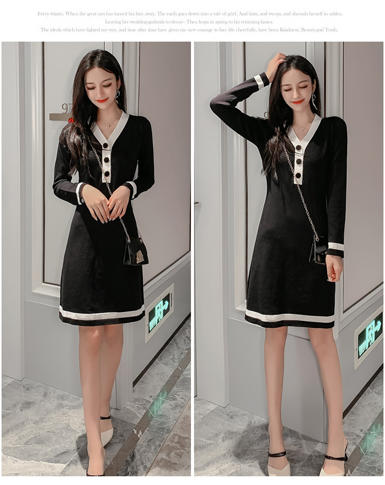 VK旗艦店 韓國風V領針織拚色長袖洋裝