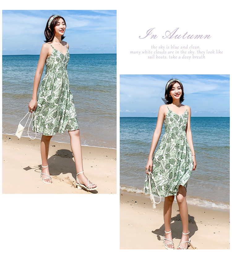 VK旗艦店 韓系樹葉印花v領露背細肩帶配發帶無袖洋裝