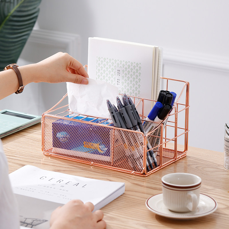Nordic wrought iron net red tissue box remote control shelf tea table study room draw paper pen storage rack