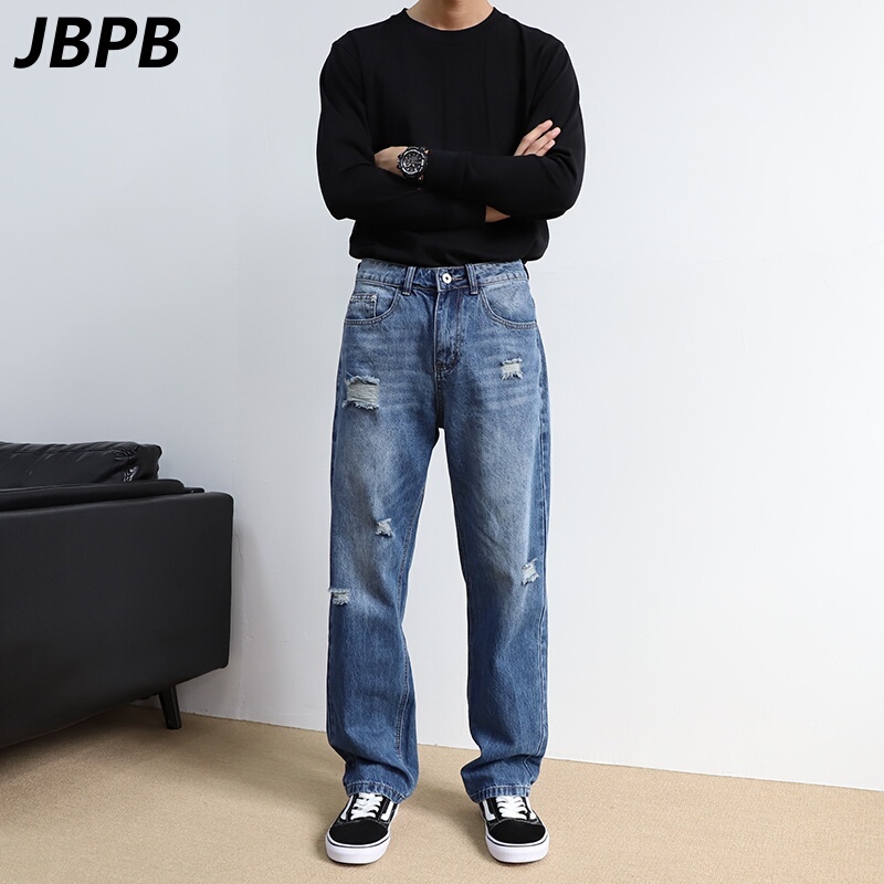 Jbpb Brand Counter American-Style Ripped Vintage Distressed Straight-Leg Jeans for Men 2026 New Loose Long Pants