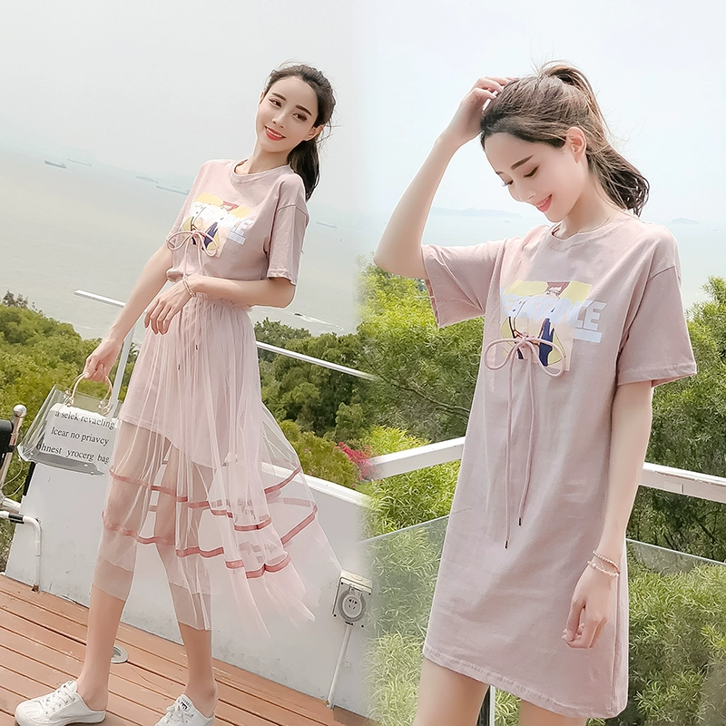 trong siêu nóng mùa hè Hàn Quốc lưới cotton váy ngủ nữ ngắn tay một mảnh váy hai mảnh mặc ngoài phục vụ tại nhà - Đêm đầm