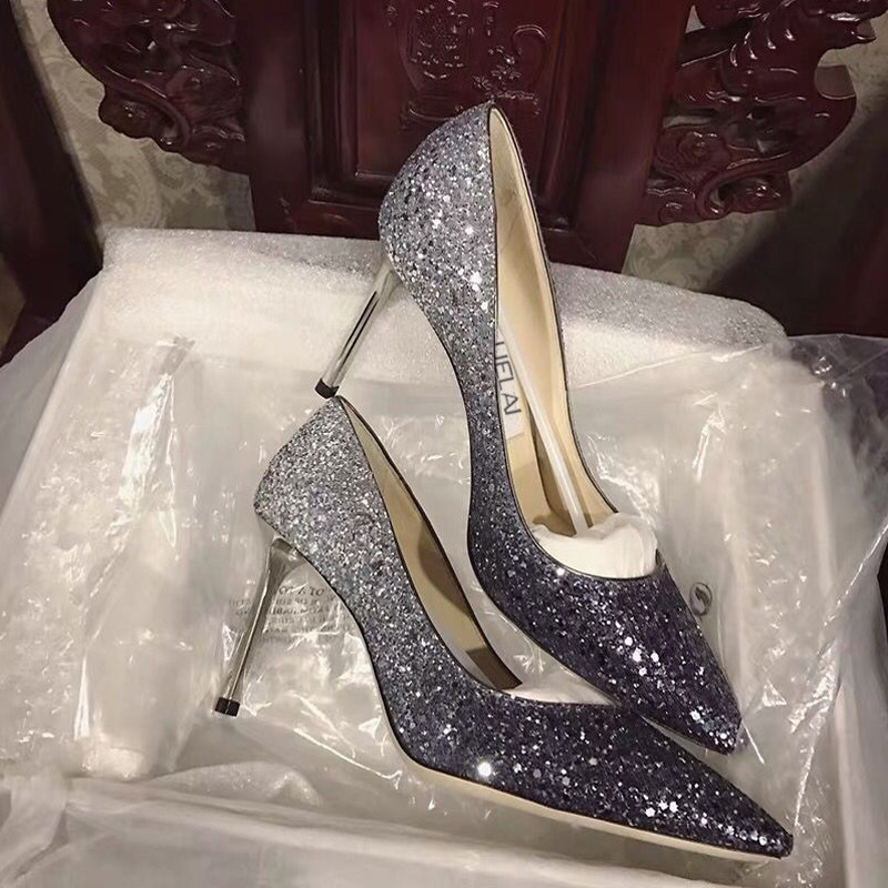A D Hepburn ~ 2022 Spring new silver sequin high heels Shoes Woman Fine Heel Evening Gown Wedding Shoes-Taobao
