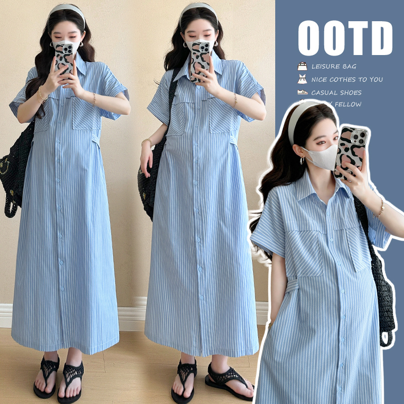 2026 Summer New Fashion Striped Maternity Dress Korean Style Slimming Long Over-The-Knee Shirt with Tie
