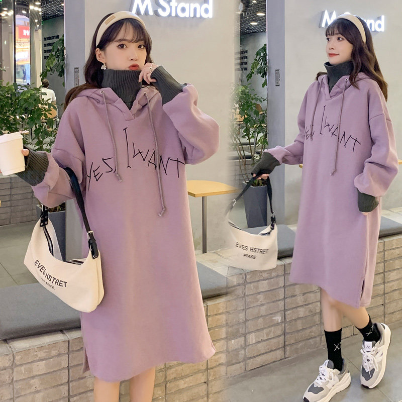 Pregnant Woman Autumn Winter Dress Plus Suede Hat Sportswear Fashion Loose Medium Long Version Autumn Dress Jacket Han Edition Large Size Dress Woman