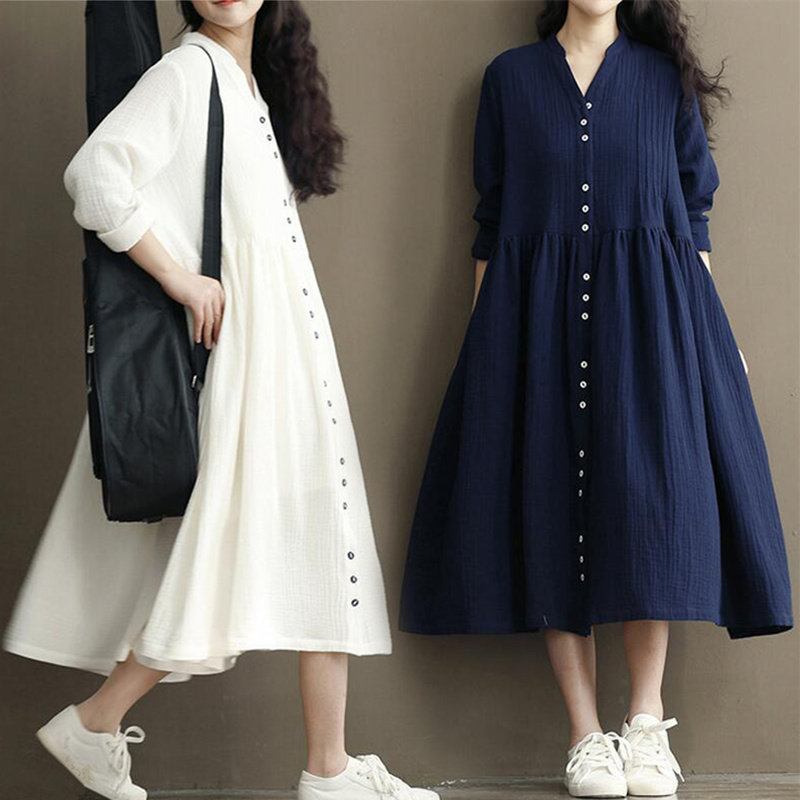 Korean Version Loose 200 Catty Pregnant Women's Dress Fashion Style Plus Mast Size Fat Mm Cotton Linen Long Sleeve Spring Autumn Dress Long Dress