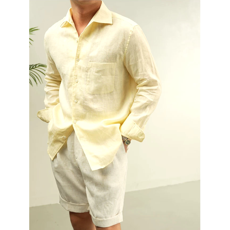Creamy Yellow Cotton and Linen Shirt for Men, Old Money Style, Loose Long-Sleeved American Retro Casual Work Shirt, Linen Breathable and Thin Creamy Yellow Cotton and Linen Shirt for Men, Old Money Style, Loose Long-Sleeved American Retro Casual Work Shirt, Linen Breathable and Thin