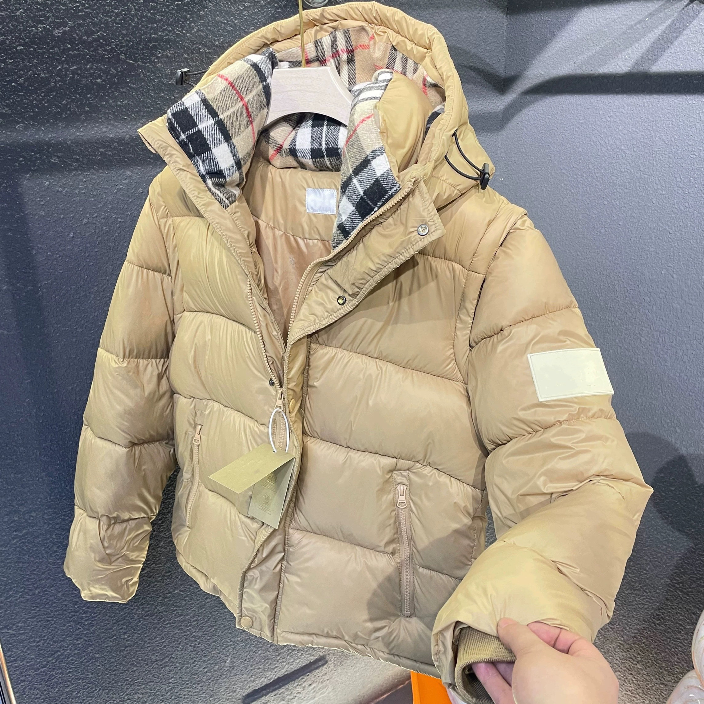 iTiNS2025冬季新款男女同款格子棉服外套加厚保暖连帽面包拆卸袖 2