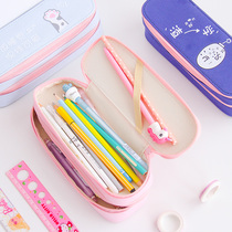 Girl heart canvas pen bag large capacity double layer ins Net red pen bag simple cute cartoon primary and middle school students junior high school students pencil bag pencil bag stationery bag Korean version stationery bag simple creative pen bag