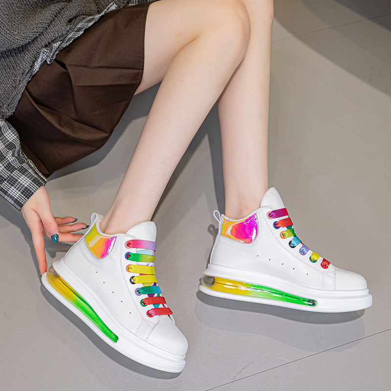 Genuine Leather Air-Cushion High-Top White Sneakers for Women 2026 New Popular Thick-Soled Height-Increasing Rainbow Sports Casual Sneakers for Women